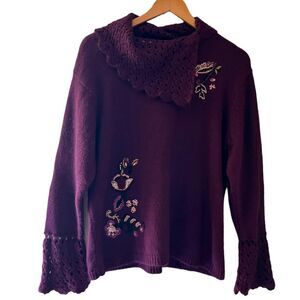 VTG 90s Tabi Crochet Collar Sweater Flutter Sleeve Embroidery Floral Sz L Wine